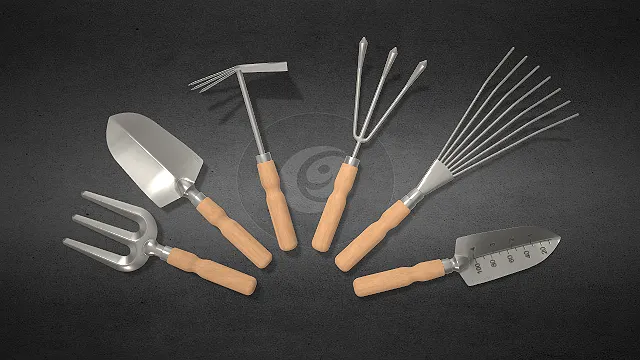 园艺工具套装  工具道具  金属质感  多件农具组合