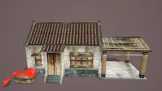 3D写实风古朴民居带摊位模型，创意设计（3D建筑、古代建筑、写实风格、复古市井，文化主题，物品元素）