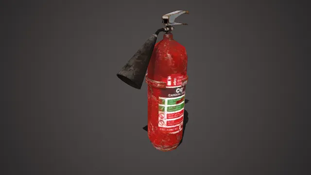 做旧风格  CO₂灭火器  红色金属罐身  掉漆痕迹  金属阀门  喇叭状喷管  消防安全道具