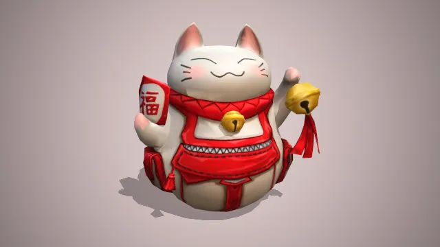 白色穿红衣服的招财猫一手拿福字一手拿铃铛