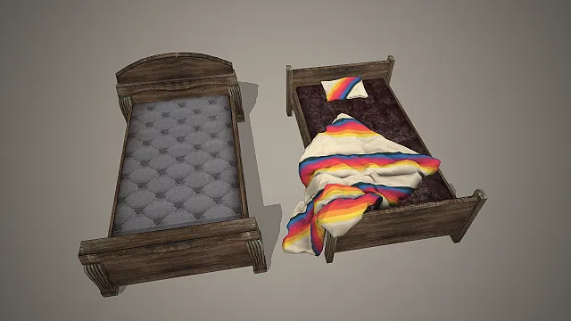 复古单人木床  欧式家具  做旧磨损质感  彩虹条纹床品