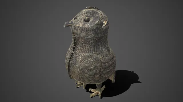 古青铜  鸟形礼器模型  圆形涡纹装饰  古朴  工艺  厚重沧桑  青铜文物