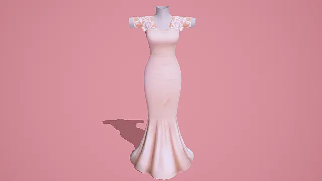 浅粉色鱼尾裙3D模型，带独特肩袖设计