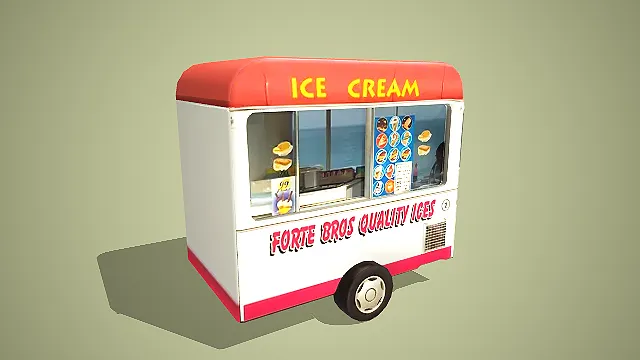 复古红白冰淇淋移动售卖车商业摊位场景装饰模型