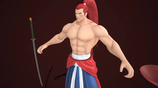 硬核  武士风格  男性角色模型  红发高束马尾  壮硕肌肉  悍勇凌厉  长刀  热血武侠类