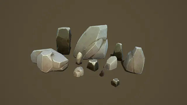卡通风格石头集合3D模型，简约设计（多种石头、几何形状、简约纹理、自然元素 ）