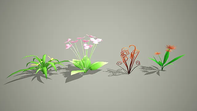 卡通风格低模多样花草植物 3D 模型套装 游戏场景装饰款