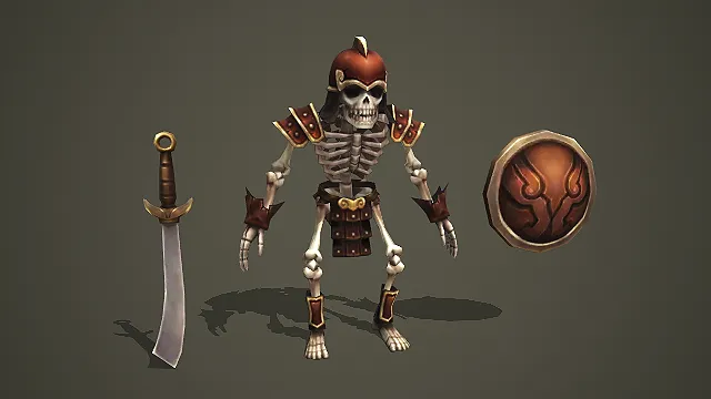 卡通 Q 版红褐甲骷髅盾兵配弯刀 3D 游戏亡灵怪物模型
