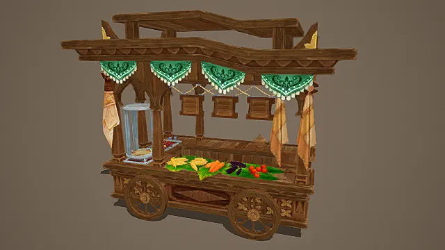 卡通风格古风集市蔬果推车3D模型