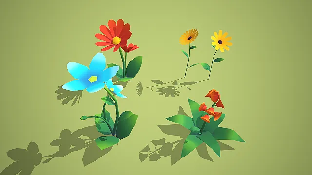 多品类低多边形花草组合 3D 场景装饰模型