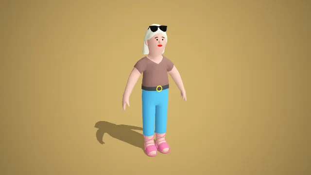 卡通银发女性角色 3D 模型棕衫蓝裤款