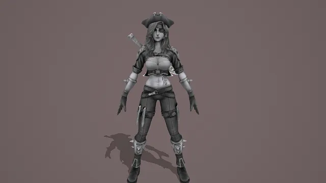 3D卡通风格暗黑海盗女角色模型，创意设计（3D角色、卡通风格、冷酷海盗风，角色设计主题）