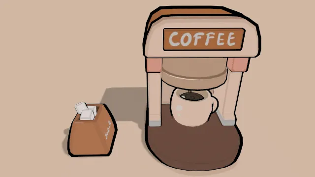 卡通风格的咖啡机放有冰糖的盒子饮品