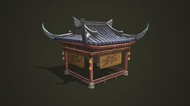 带灯笼与龙纹布帘的中式古风凉亭