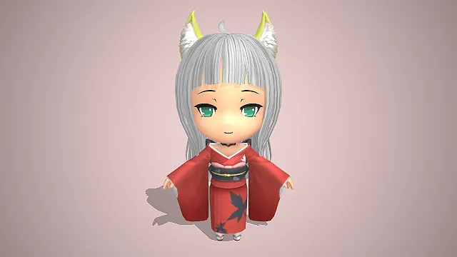 狐耳少女  和服造型  二次元  银发绿瞳