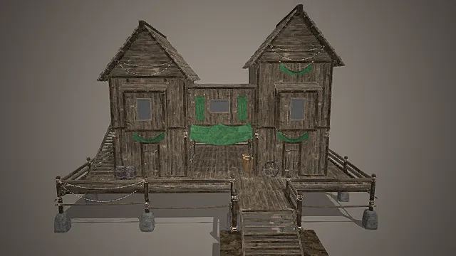 国风渔村风格临水双栋连体木屋模型 