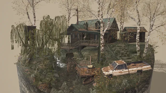 3D卡通风格秋日林间木屋场景模型，创意设计（3D场景、卡通风格、画面复古静谧，场景设计主题）