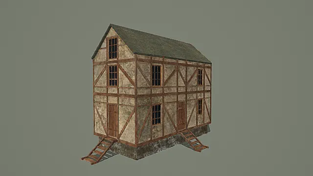 复古木骨石墙民居3D模型