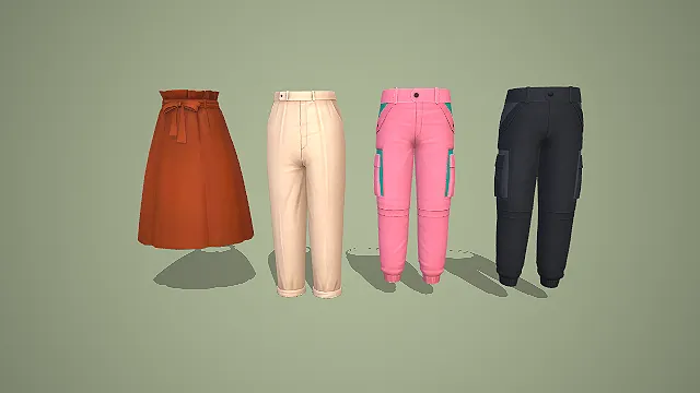 焦糖裙与卡其卷边裤及粉黑工装裤四件套 3D 模型