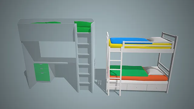 两款低多边形卡通风格的3D双层床模型