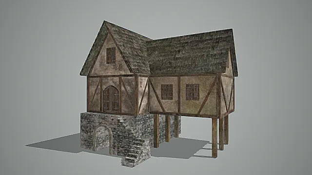 复古木骨石基架空建筑3D模型