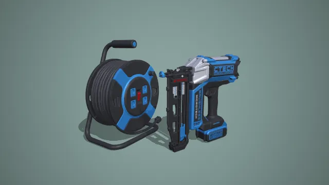 蓝黑配色锂电直钉枪与带线电缆盘组合施工工具 3D 模型