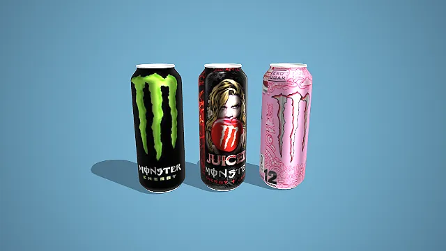 卡通风格多口味魔爪能量饮料罐组合 3D 低多边形运动场景装饰模型