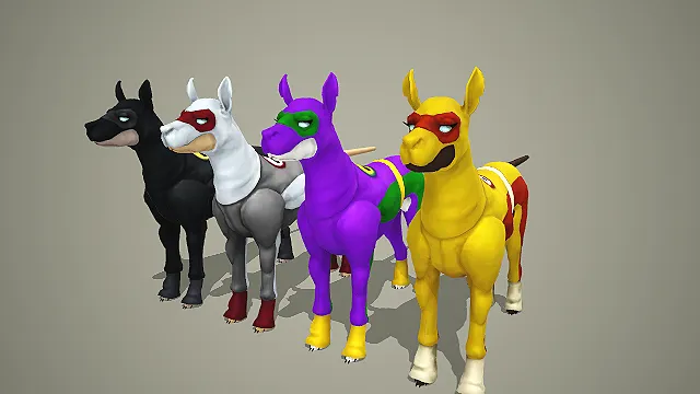 四色蒙面杜宾犬超级英雄 3D 模型 创意拟人化宠物角色素材