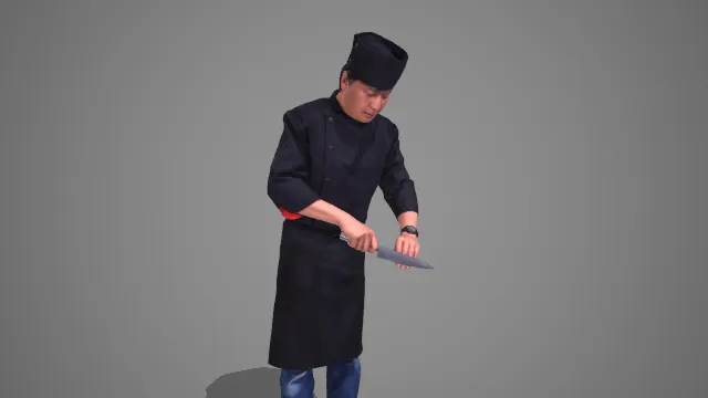 黑色厨师服男士持刀备菜烹饪姿态 3D 模型