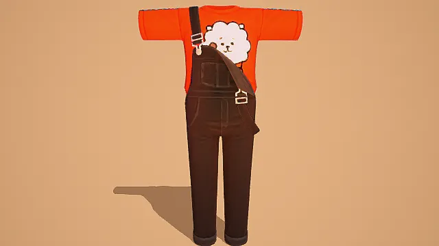 红上衣配黑色背带裤3D服装模型，带挎包装饰