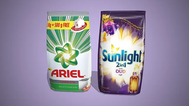 两款知名洗涤用品的3D模型，日常家居清洁的实用组合