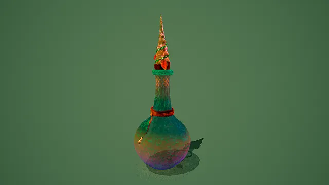奇幻风格魔法瓶3D模型，炫彩设计（魔法瓶、多彩纹理、锥形瓶盖、装饰细节、奇幻元素 ）
