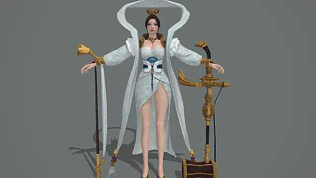 国风仙侠风女性角色模型（白蓝金配色华丽服饰造型）