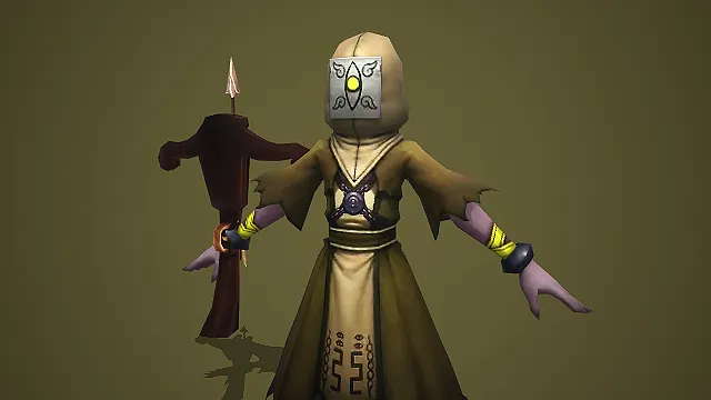 卡通 Q 版黄褐兜帽弩兵戴方脸面罩 3D 游戏小怪模型