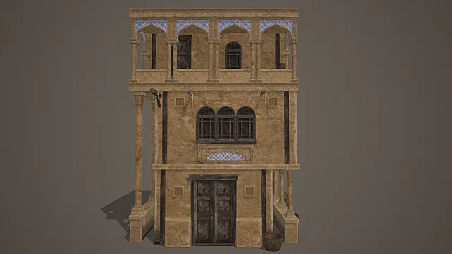 西域风情双层柱廊观景商住建筑模型 