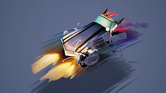 卡通风格炫酷飞车3D模型，创意设计（飞行汽车、火焰特效、破损细节、多彩尾迹 ）