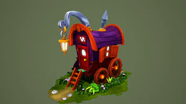 卡通风格3D魔法小屋模型，创意设计（卡通魔法小屋、3D模型、紫色屋顶、红色装饰、绿色草地、灰色背景、独特造型 ）