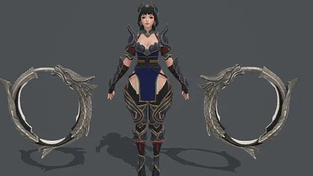 国风武侠风女性角色模型（蓝银红配色战甲造型）