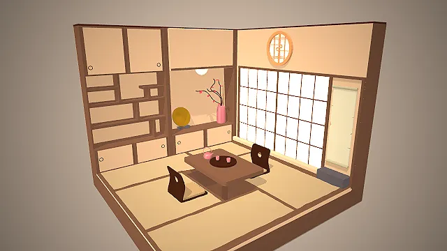 一个低模简约风格的3D日式茶室模型，适合用于日式住宅