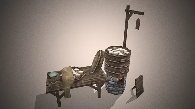 一个写实风格的3D古风包子摊模型