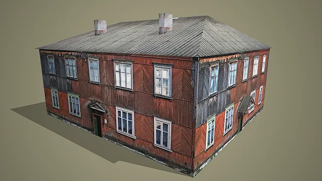 复古木面两层民居带铁皮屋顶多烟囱 3D 模型