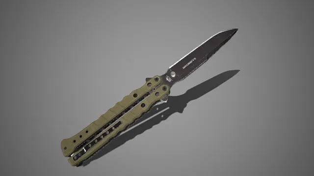 蝴蝶刀  战术刀具  军绿色柄  黑刃设计  折叠刀具  防滑柄纹