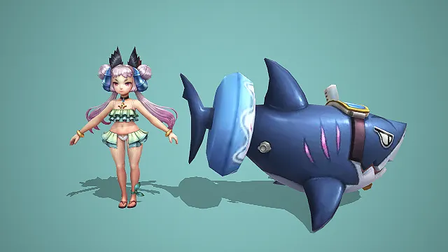 卡通 Q 版紫发狐耳泳装少女带鲨鱼浮圈 3D 游戏角色模型