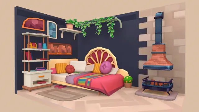 舒适房间卧室床火炉内饰