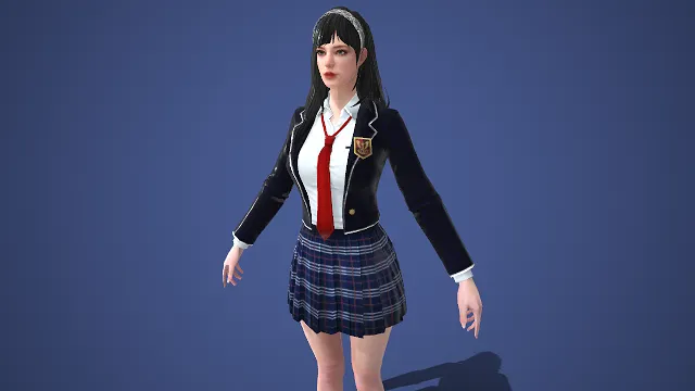 女高中生  校园风  3D 女性角色模型  黑长直发  蓝红格纹百褶裙  清新利落  青春系