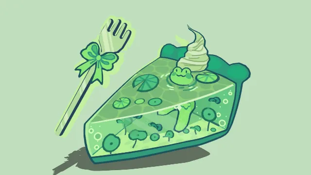 Q版小青蛙荷花池样式蛋糕配有叉子