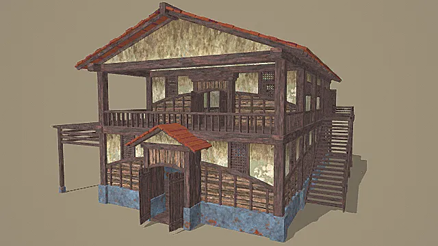 复古做旧木质与红瓦结合的两层建筑（含外置楼梯与蓝基石台）