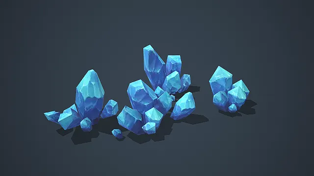 卡通风格蓝水晶矿石簇场景 3D 模型套装