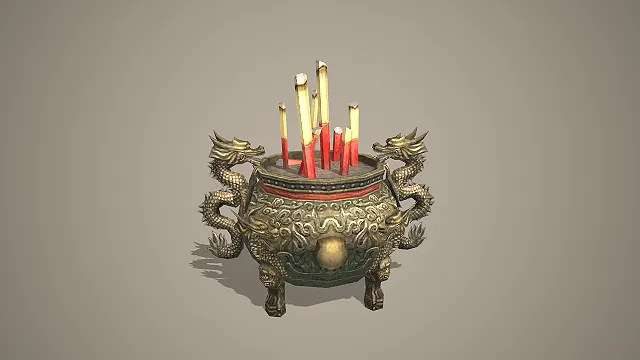 中式古风龙纹香炉与香烛 3D 模型 寺庙场景道具素材