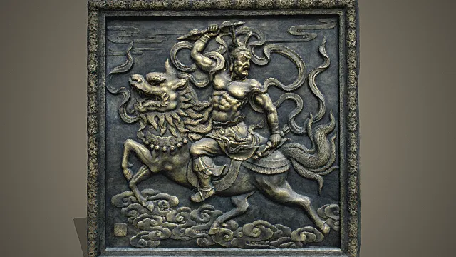 国风护法风格武将骑兽浮雕摆件 3D 模型